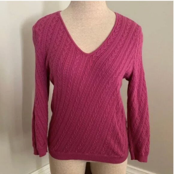 Talbots Fuchsia Long Sleeve V-Neck Cable Knit Sweater Size MP - Picture 1 of 7